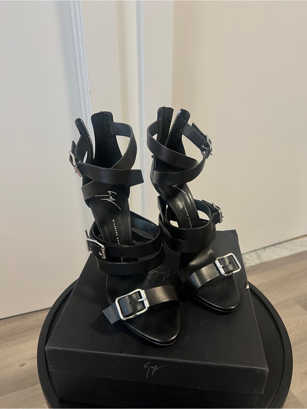 Giuseppe Zanotti Black Multi-Strap Buckle Stiletto Sandals